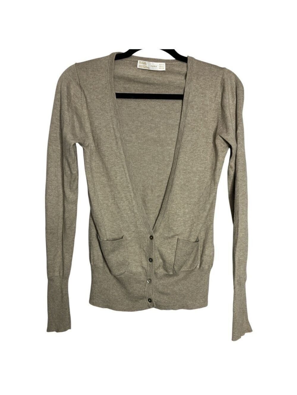 Zara Knit Cotton Cashmere Tan Button down V Neck Cardigan, size S